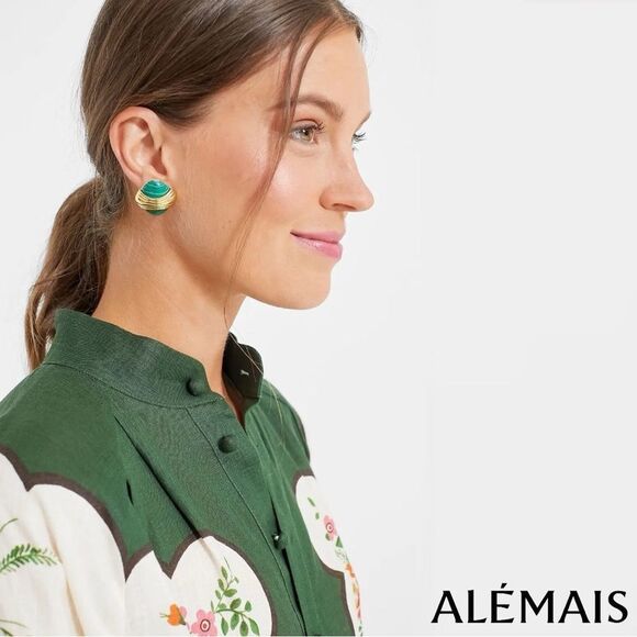 ALÉMAIS *NWT* Elisabetta Belted Forest Green/Cream Floral Linen Midi Shirt Dress - Picture 5 of 15